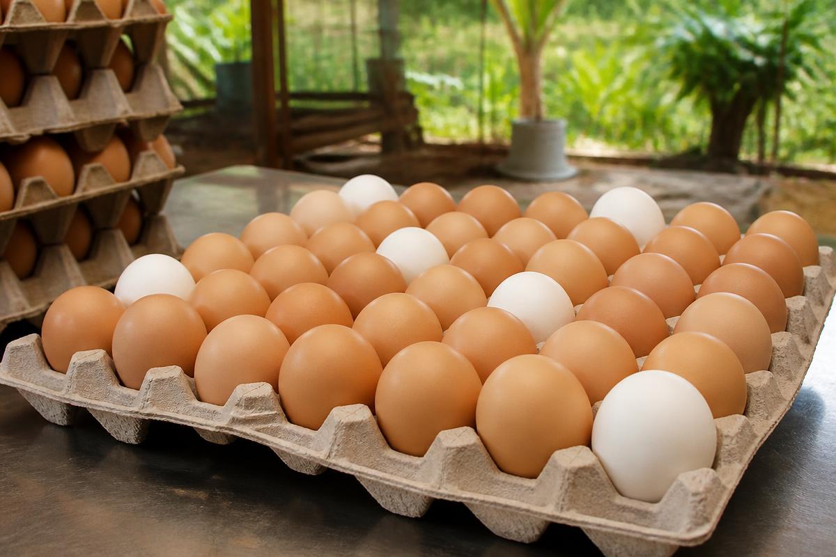 Trays of fresh brown and white poultry eggs