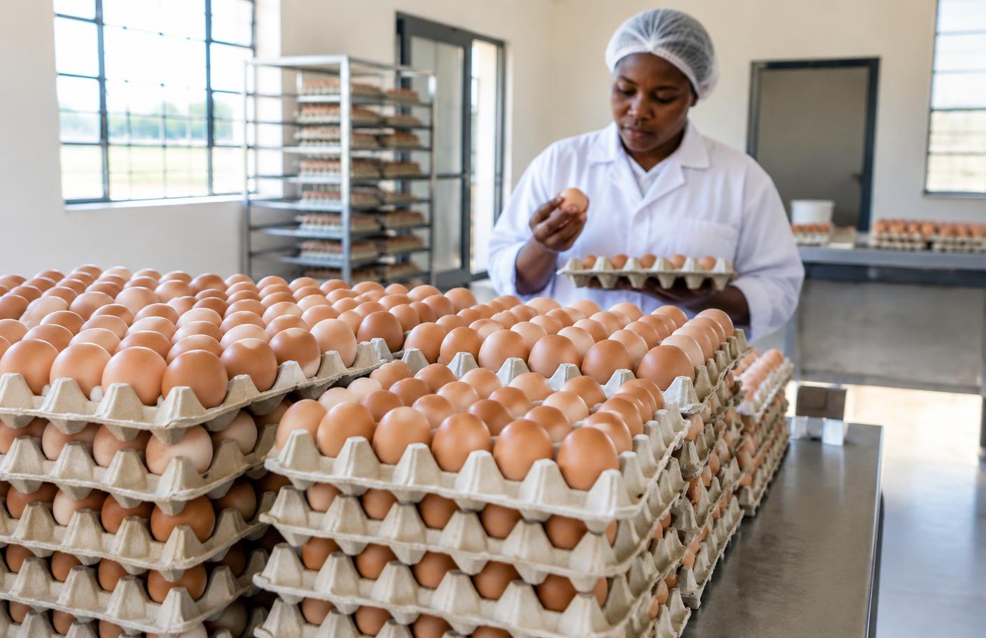 Poultry worker checking brown eggs in a hygienic collection room