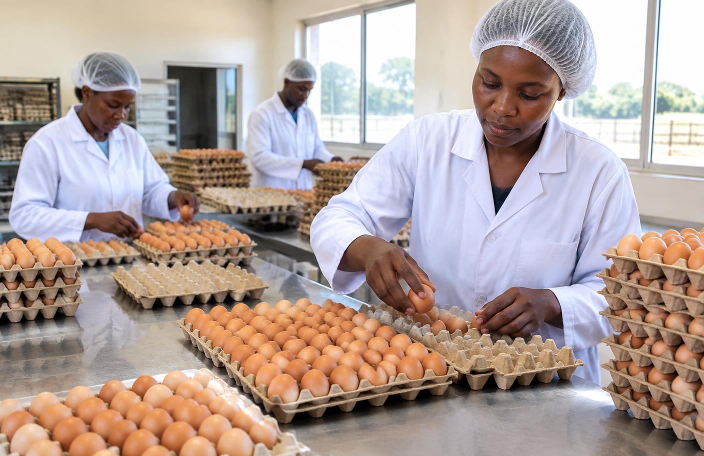 Poultry team arranging brown eggs into trays for supply